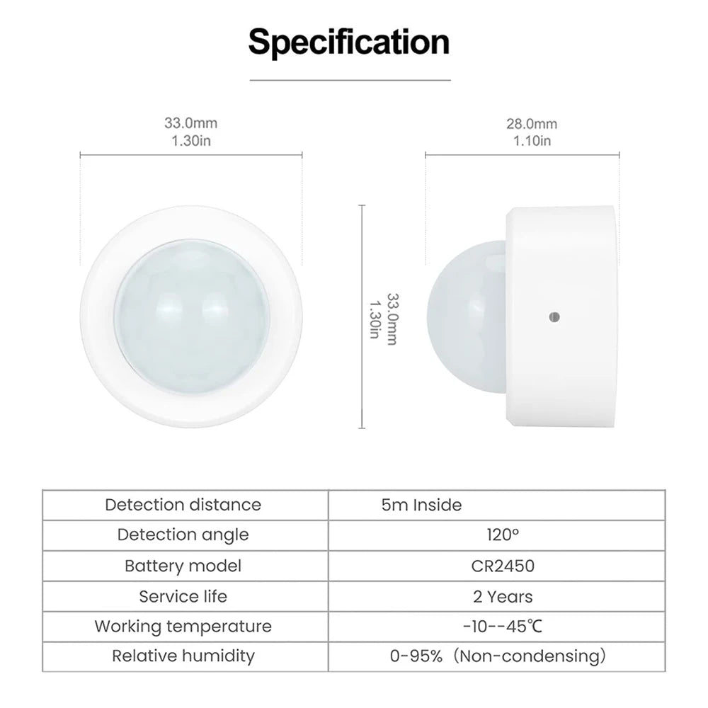 Zigbee 3.0 Mini PIR Bevegelsessensor — Alexa/Google/Home Assistant