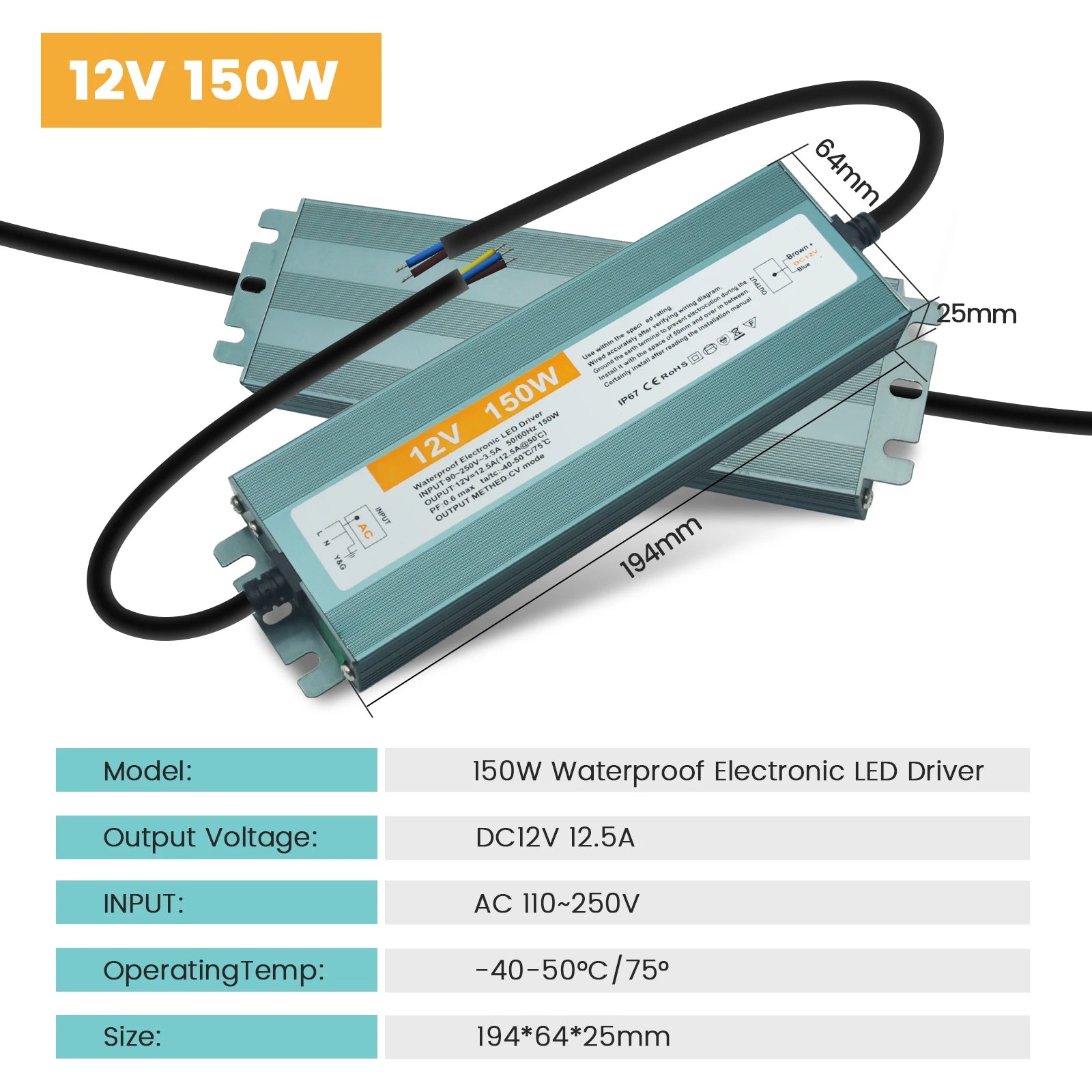 IP67 Vanntett Strømforsyning — 12V/24V, 36–600W